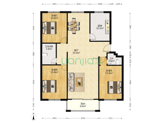 阳光丽苑 3室1厅2卫 150平方