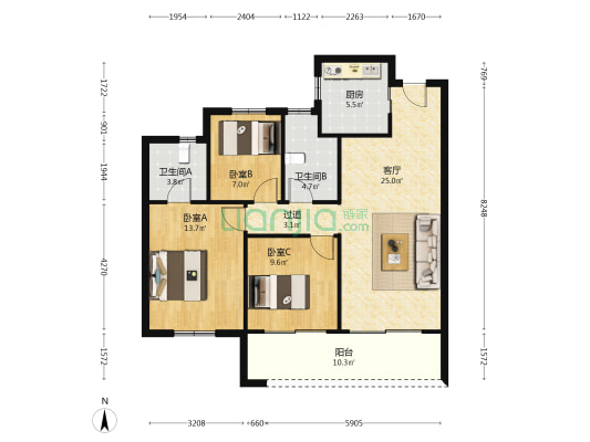 奥克斯悦云庭 3室1厅2卫 109平方