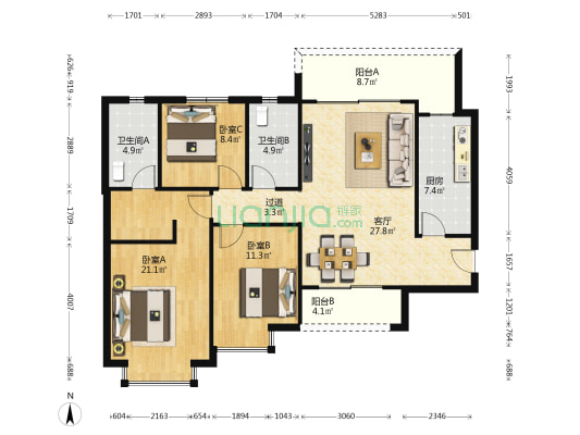 恒大文化旅游城A区 3室1厅2卫 127平方
