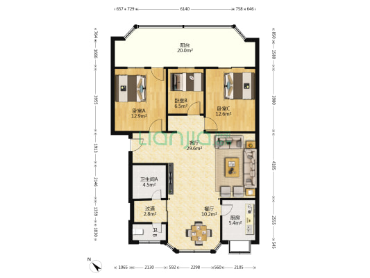 襄阳市政管理处 3室2厅2卫 118平方