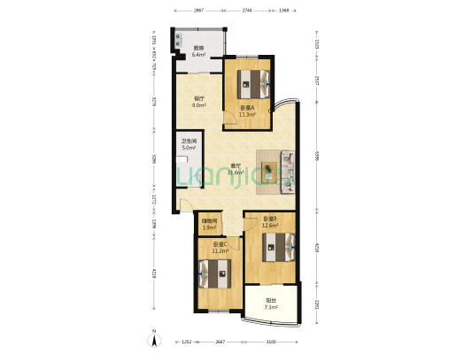 宏林名苑 3室2厅1卫 124平方