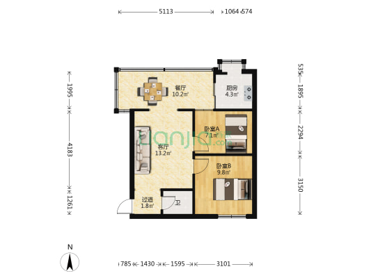马军场小区 2室2厅1卫 57平方