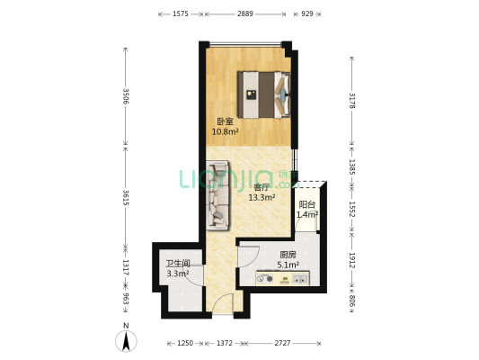 阳光100米娅中心一期 1室1厅1卫 45平方