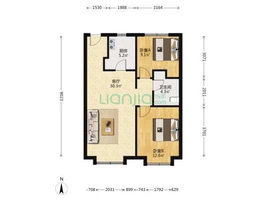 万科滨海大都会观景轩 2室1厅1卫 88平方