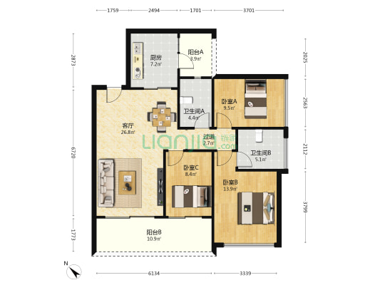 招商领玺 3室1厅2卫 120平方