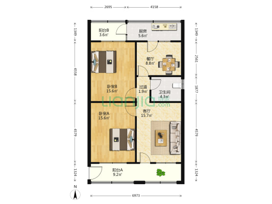 天都副食品家属院 2室2厅1卫 98平方