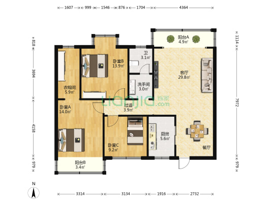 家顺花园 3室1厅2卫 130平方
