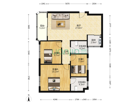 康富花园二期 3室1厅2卫 95平方