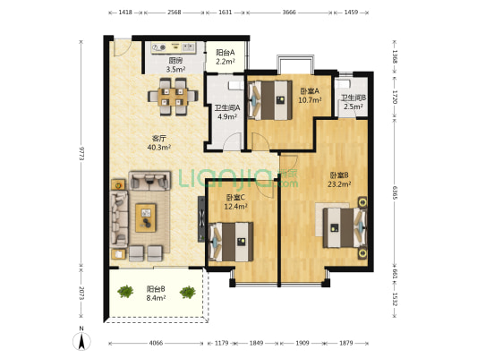 富城花园 3室1厅2卫 135平方