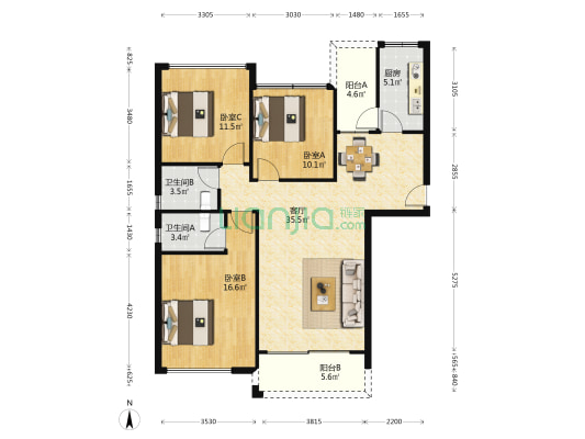 岭南澳苑 3室1厅2卫 110平方