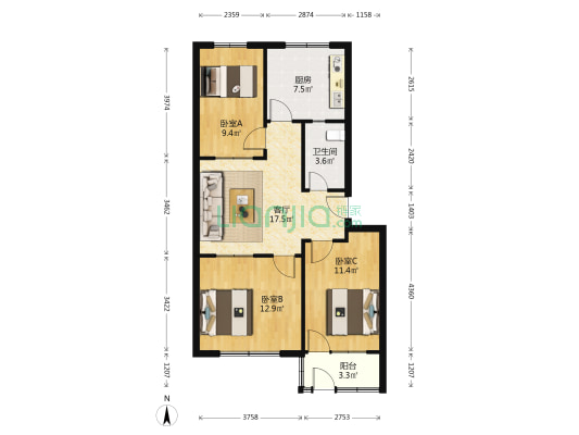 计生委宿舍 3室1厅1卫 82平方