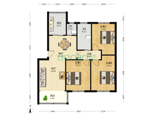 解放西路111号 3室2厅2卫 100平方