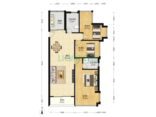 后海理想雅园 3室1厅2卫 89平方
