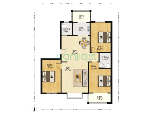 由由家园 3室2厅2卫 128平方