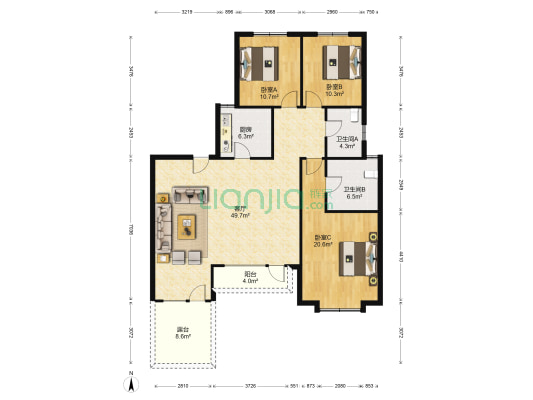 前后露台 2卫3居 2层 毛坯 带车位带地下室 东户 满二-户型图