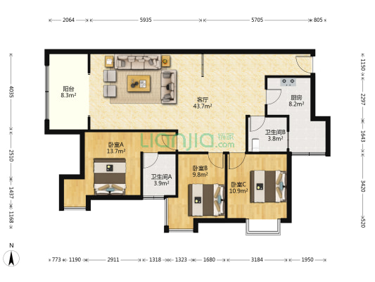 天骄豪园 3室1厅2卫 126平方