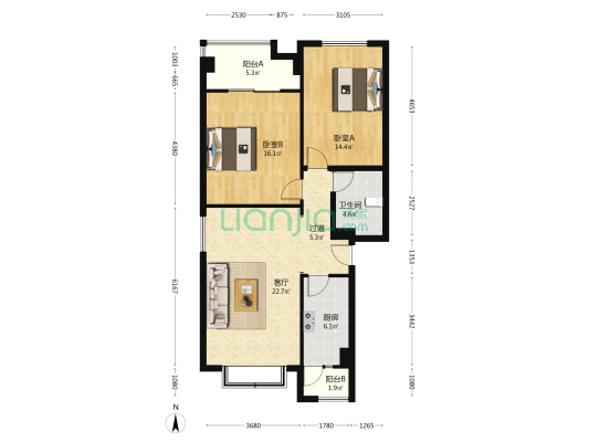 四合院 2室1厅1卫 91平方
