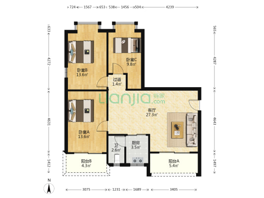 喜雅轩 3室1厅1卫 90平方