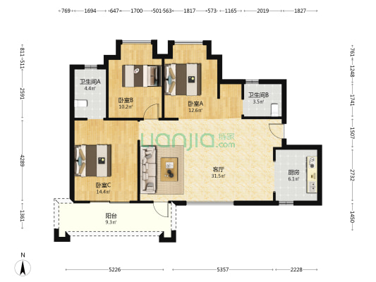 中国中铁金桥璟园 3室1厅2卫 118平方