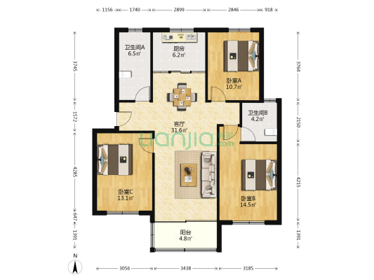 玉盘家园二区  3室1厅2卫 109平方