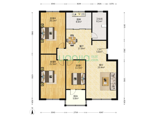外商居住區 3室2厅1卫 141平方