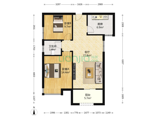 亿润花园 2室1厅1卫 86平方