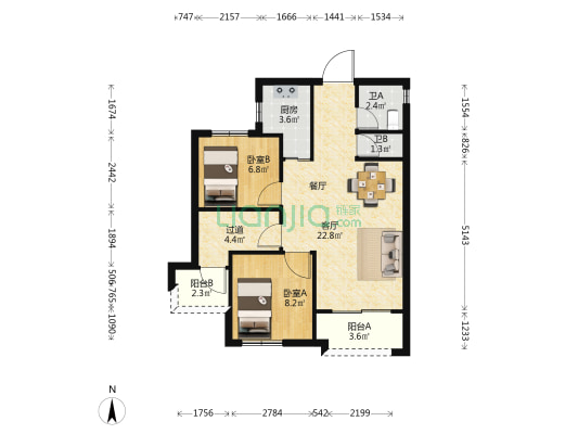 世茂东望南区 2室1厅2卫 75平方