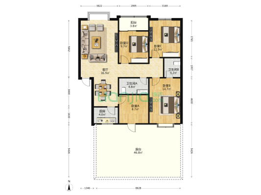 鸥鹏大道98号 4室1厅2卫 114平方