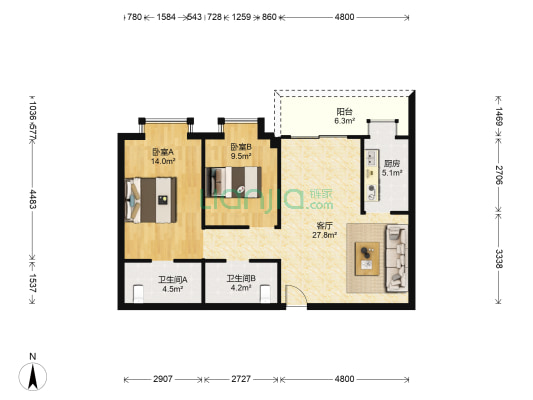 裕和楼 2室1厅2卫 89平方