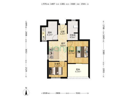 北城枫景园 2室1厅1卫 61平方