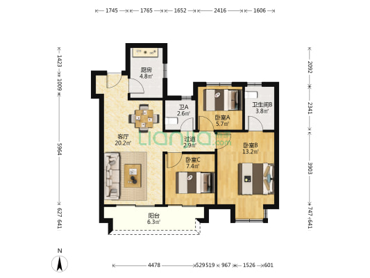 湖境天著 3室1厅2卫 97平方