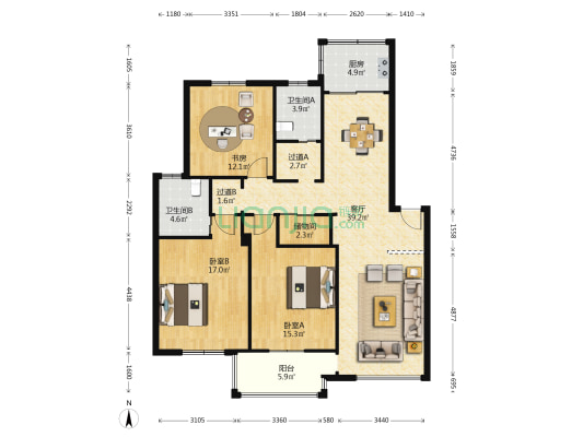 天一家园五期 3室1厅2卫 126平方