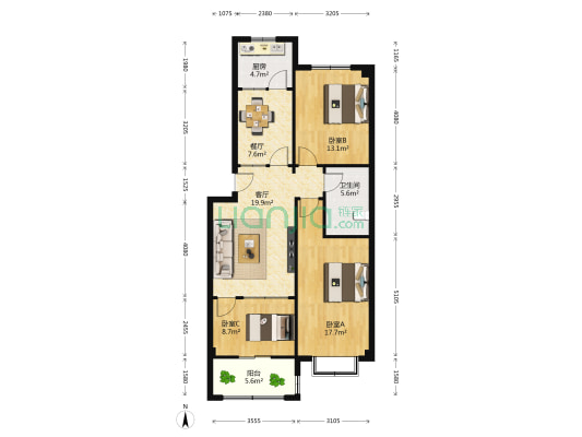 七彩街农贸市场 3室2厅1卫 113平方