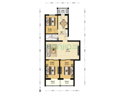 青春路31号院 3室2厅1卫 97平方