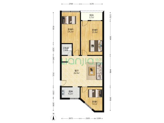 海南省第一建筑工程公司宿舍区 3室1厅1卫 69平方