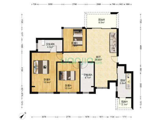 中房优山PLUS 3室1厅2卫 95平方