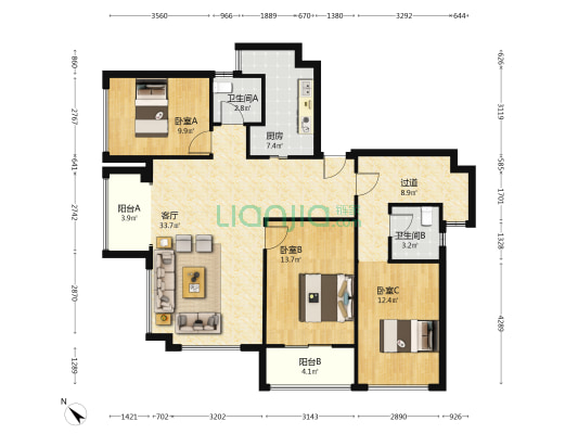 唐安首玺 3室1厅2卫 126平方