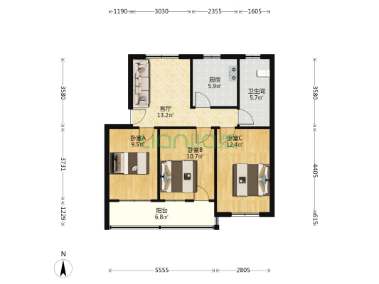 黄淮学院管理家属院 3室1厅1卫 78平方