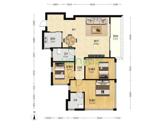 华发广场横琴荟（57地块） 3室1厅2卫 89平方