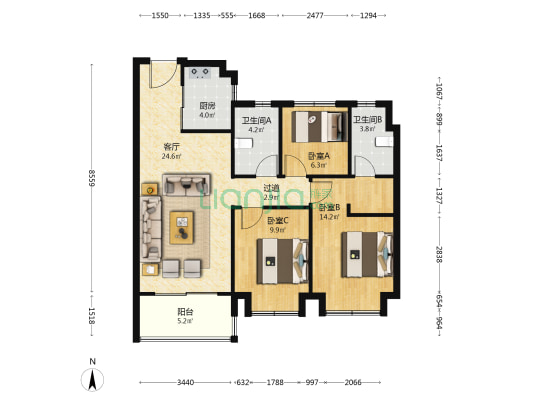 美的保利君兰锦绣花园 3室1厅2卫 99平方