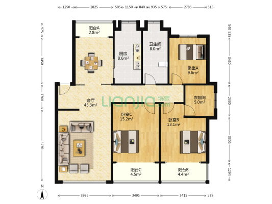 华夏家园 3室1厅1卫 124平方