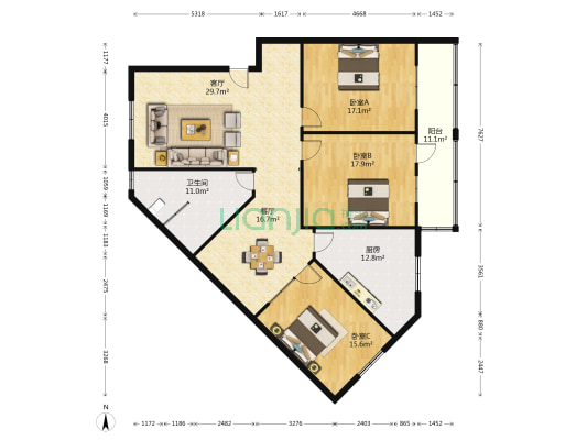 和谐家园 3室2厅1卫 156平方