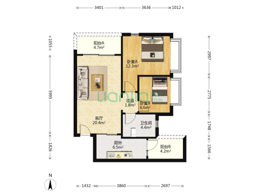 恒大新城三期 2室1厅1卫 80平方
