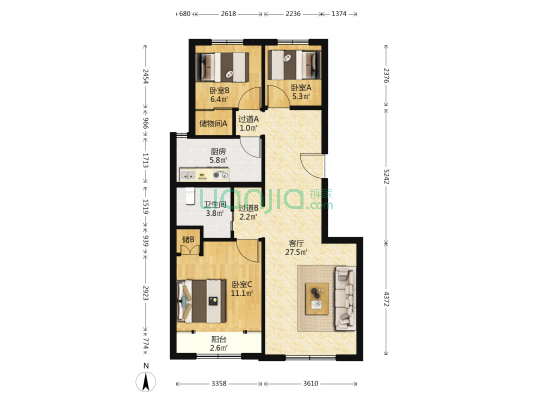 中国铁建原香嘉苑东区 3室1厅1卫 94平方