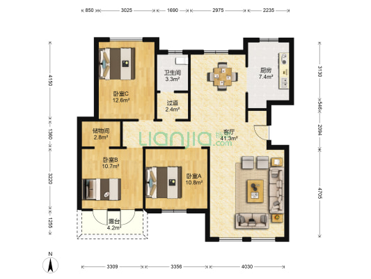凤凰太阳城二期庞庭 3室1厅1卫 117平方
