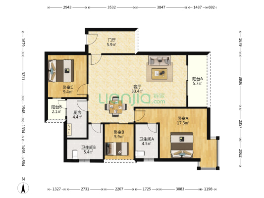 民生新城 3室1厅2卫 108平方