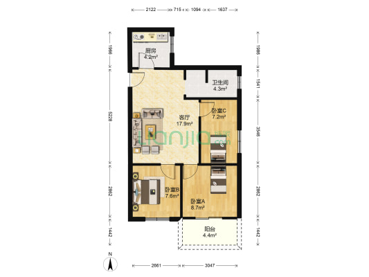 兴元丽园B区 3室1厅1卫 66平方