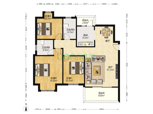 金地嘉年华城B区 3室1厅2卫 117平方