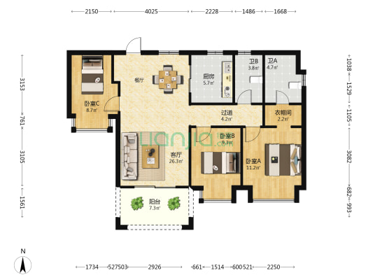 星华海岸城三期 3室1厅2卫 108平方