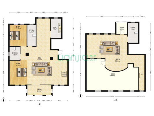 中宜香榭园 2室2厅3卫 210平方